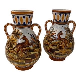 Vintage Hand-Painted Ceramic Vessels Pair For Sale