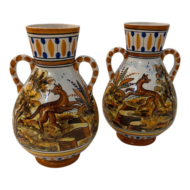 Vintage Hand-Painted Ceramic Vessels Pair For Sale