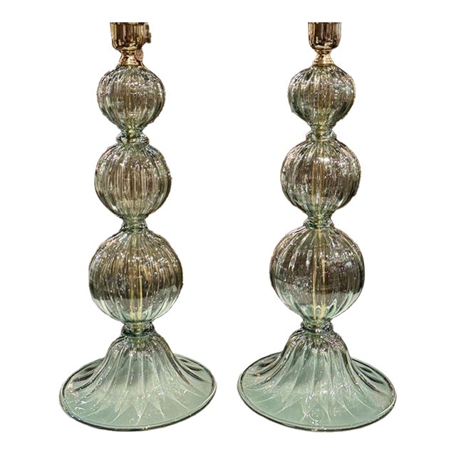 Murano Fontana Green Glass Ball Form Lamps - a Pair For Sale