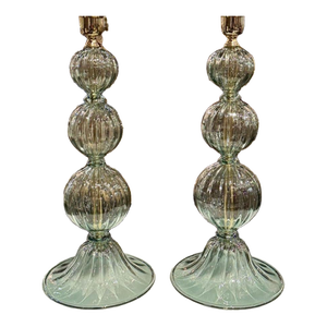 Murano Fontana Green Glass Ball Form Lamps - a Pair