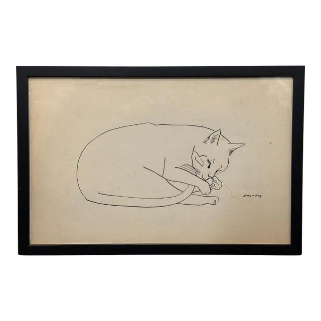 "Sleeping Cat" Line Drawing by Jerry O'Day (Geraldine Heib) For Sale