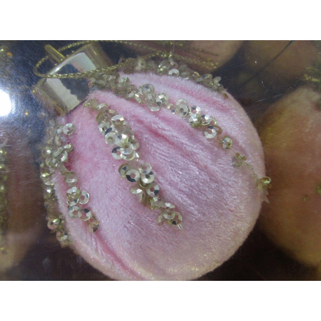 Pink Velvet Christmas Ornaments Gold Sequin Accents in Original Box a Set of Six For Sale In Phoenix - Image 6 of 8