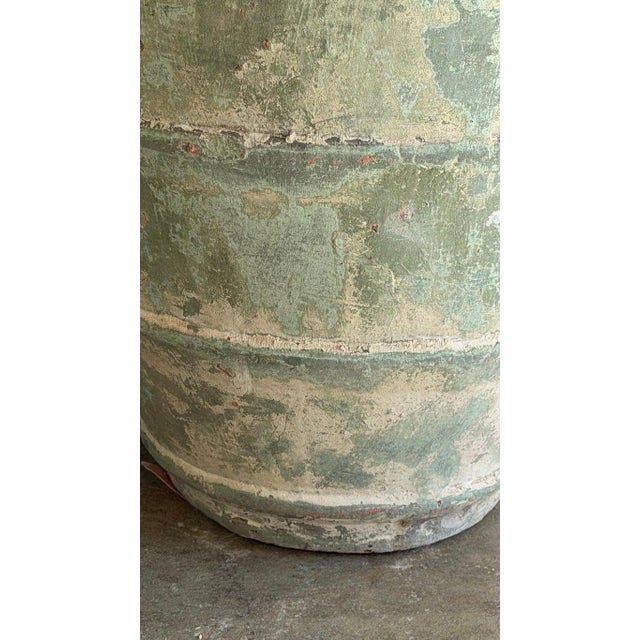 Olive Pair of Mediterranean Barrel Olive Jars - Heavily Patinated Verdigris Terracota For Sale - Image 8 of 14