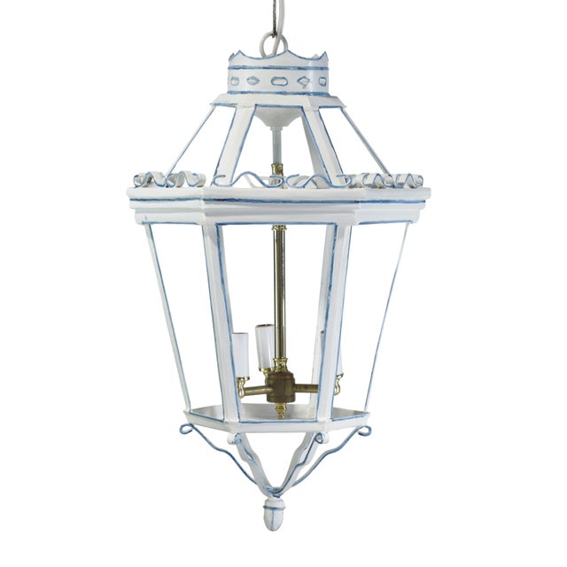Early 21st Century A Vintage-Style Venetian Chandelier in White and Blue Tones, Featuring Three Lamps. For Sale - Image 5 of 12