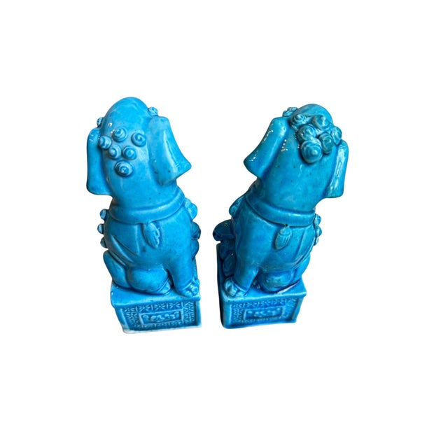 Set of 2, 1970s Blue Foo Dog Guardian Lion Ceramics Set For Sale - Image 6 of 10