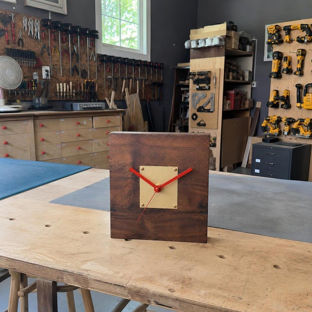 Late 20th Century Solid Walnut Desk Clock With Brass Center Plate For Sale - Image 10 of 12