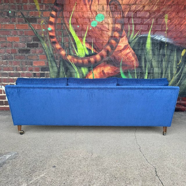 Blue Mid Century Modern Sofa Reupholstered Blue Corduroy on Casters Possibly Selig For Sale - Image 8 of 11