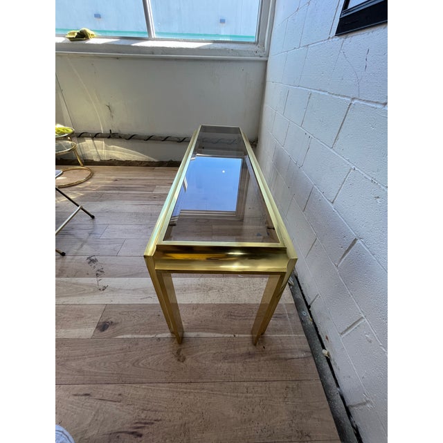 1970s Sculptural Brass-Tone Aluminum and Smoked Glass Console Table For Sale In New York - Image 6 of 9