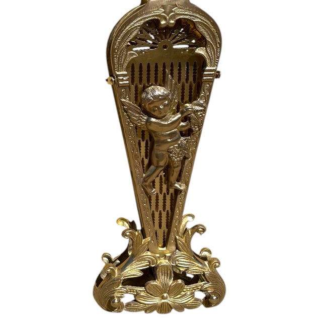 Victorian Brass Fireplace Screen Peacock Fan With Cherub Detail – Large, Polished Vintage For Sale - Image 3 of 11