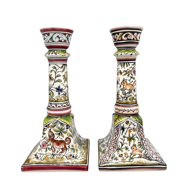 Pair of Hand-Painted Portuguese Faience Candlesticks by C. Melo With Birds, Dog, Castle & Deer – Folk Art / European Traditional For Sale - Image 18 of 18