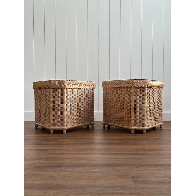 Vintage Coastal Brown Jordan Braided Rattan Triangle Side Tables, Pair For Sale - Image 10 of 17
