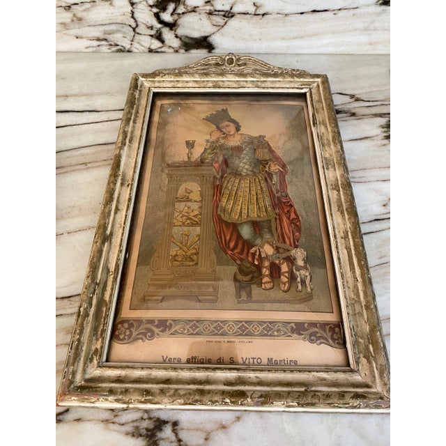 Beautiful Italian flea market find, antique St.Vito print on its original wood frame with bombé glass. Made in Italy.