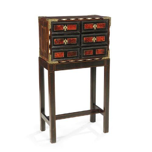 Antique faux- tortoise shell-inlaid cabinet and stand. Late 17th century and late, Antwerp School, the facade decorated...