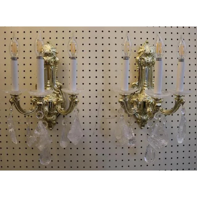 Traditional ​ Pair of 21st Century Schonbek La Scala 3 Light Brass & Rock Crystal Wall Sconces For Sale - Image 3 of 9