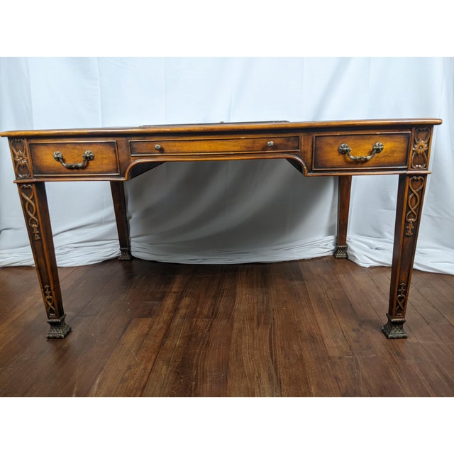 Late 20th Century Theodore Alexander Regency Style Mahogany & Leather Writing Desk With Carved Ribbon Motif Legs For Sale In New York - Image 6 of 18