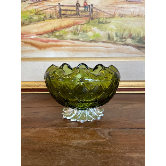 Vintage Green Pressed Glass Bowl With Scalloped Rim and Silver-Toned Floral Base. For Sale - Image 4 of 10