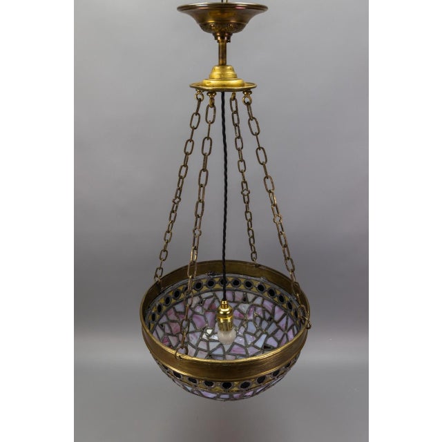 Art Nouveau French Blue and Violet Stained Glass Pendant Light, 1920s For Sale - Image 16 of 18