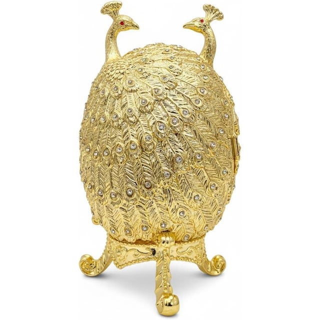 Gold Pierre Lorren Handmade Faberge Egg Style Trinket Peacock Couple Fabergé Egg Style Austrian Crystal Diamond Pure Gold Deco For Sale - Image 4 of 10
