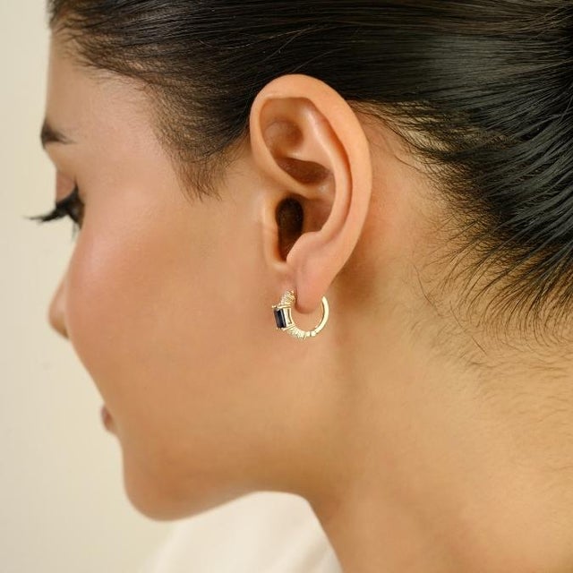 Ink Blue 1.0Ct Emerald Cut Blue Sapphire & Diamond Hoop Earrings in 14k Yellow Gold- A Pair For Sale - Image 8 of 12