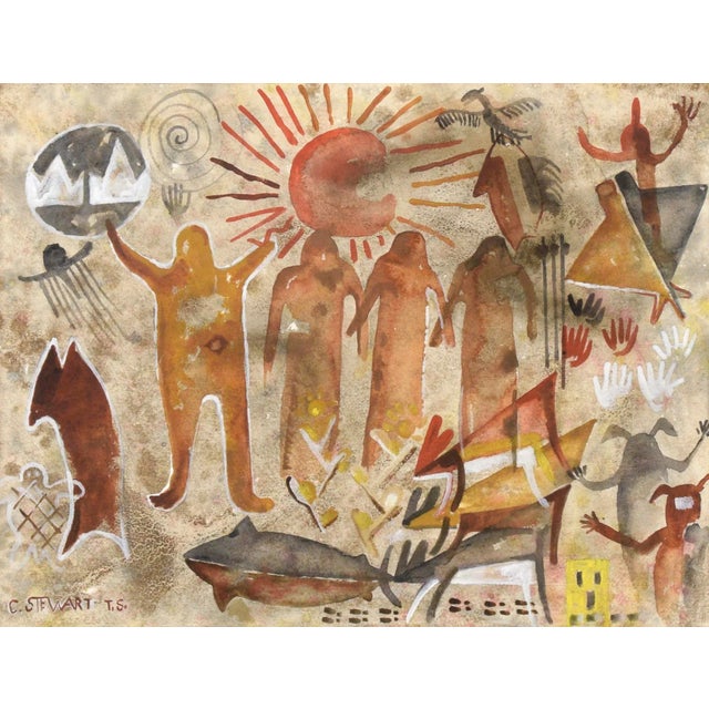 Pictographic scene by Charles Stewart (American, 1922-2011). There are several figures in the center of the piece, one of...