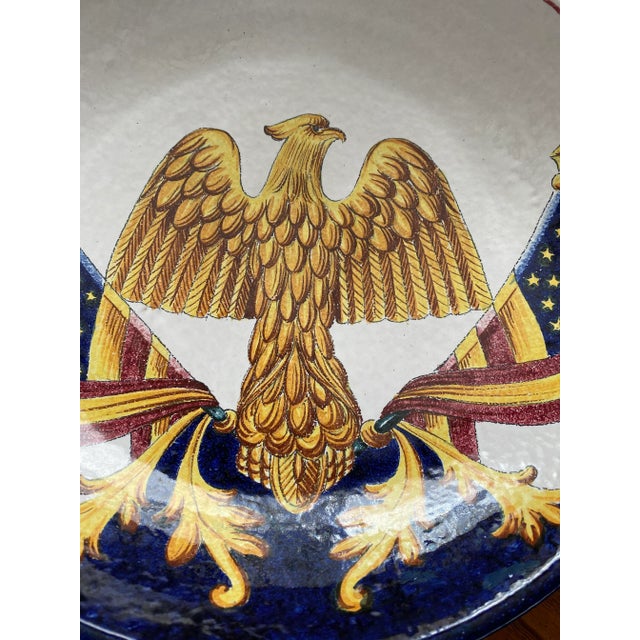 American Vintage 1960s Large Handmade Italian American Bald Eagle and Flags Crest Seal Bowl Plate For Sale - Image 3 of 12