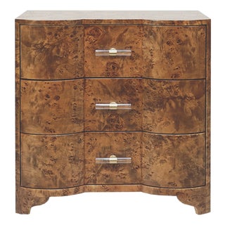 Matthew Izzo Home Calvin Dark Burlwood Three Drawer Side Table With Acrylic Drawer Pulls For Sale