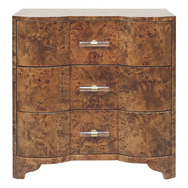 Matthew Izzo Home Calvin Dark Burlwood Three Drawer Side Table With Acrylic Drawer Pulls For Sale