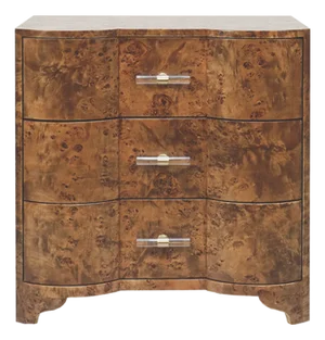 Matthew Izzo Home Calvin Dark Burlwood Three Drawer Side Table With Acrylic Drawer Pulls