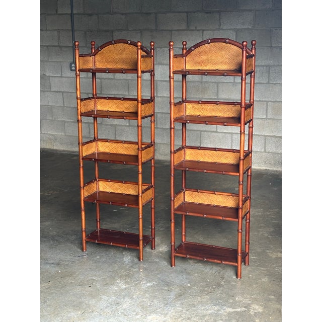 Wonderful pair of etageres or shelves, in the manner of Maitland Smith, Ralph Lauren, Baker/ McGuire, and Ethan Allen....