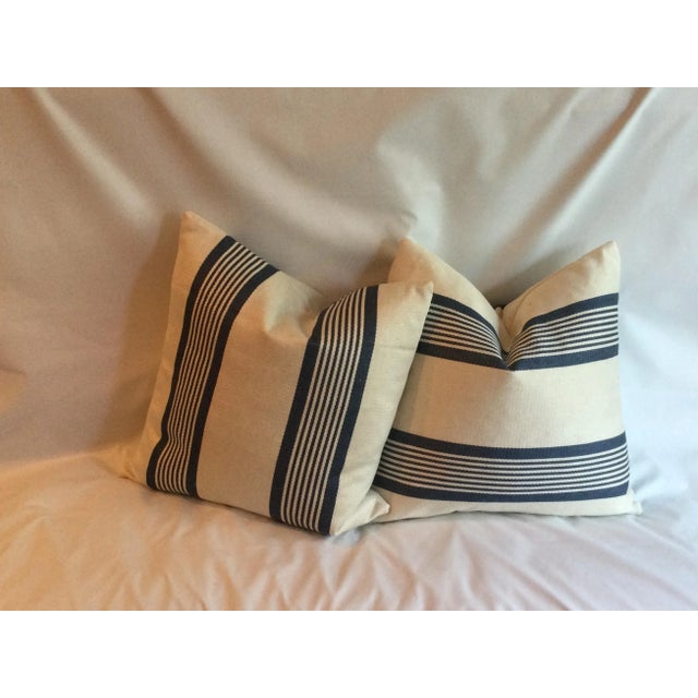 Silk and Linen Striped Navy and Off White Pillow Covers- Set of 2 For Sale - Image 4 of 7