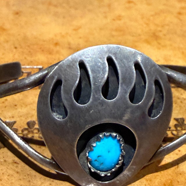 Vintage Native American Navajo Sterling Silver and Turquoise Bear Paw Cuff Bracelet For Sale - Image 12 of 13