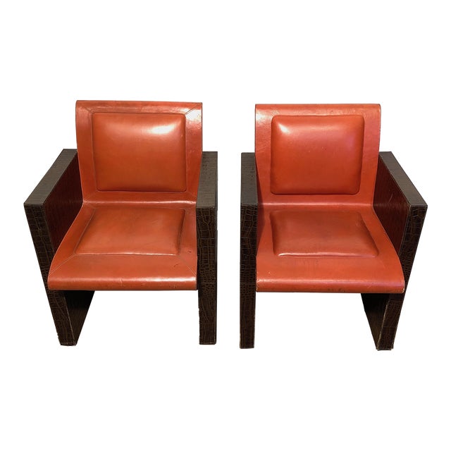 1970s French Orangeish and Brown Leather Armchairs - a Pair For Sale