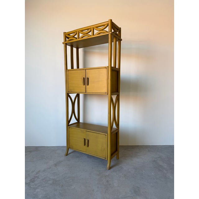 1980s Vintage Mustard Yellow Bent Rattan Bookcase Cabinet For Sale - Image 5 of 12