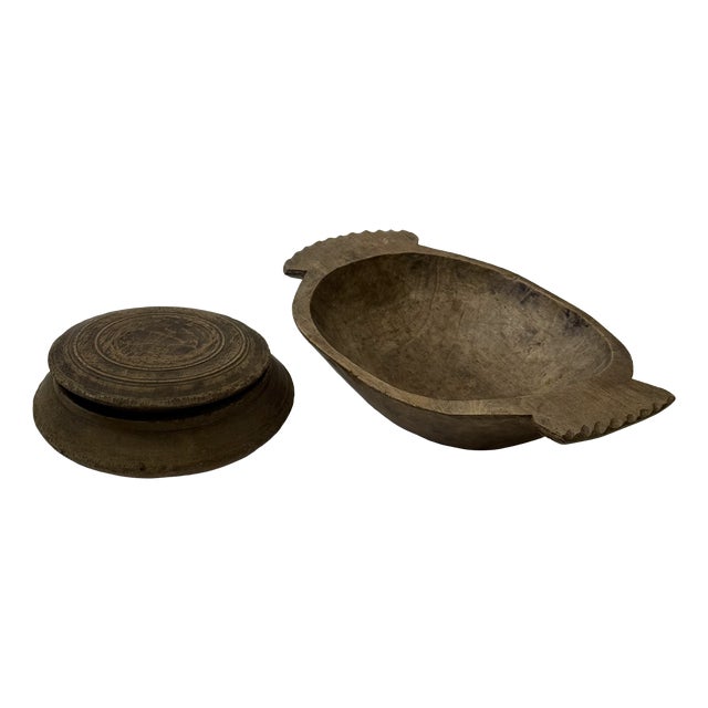 Hungarian Primitive Bowl and Lidded Box in Linden Wood, 19th Century, Set of 2 For Sale