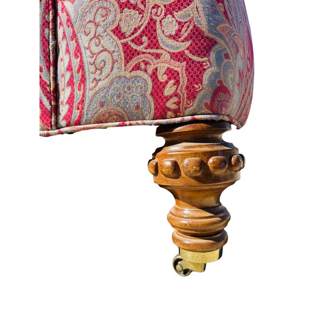 Late 20th C Baker Furniture Tufted Club Armchairs, George Smith Style Paisley Upholstery, Brass Casters – Pair For Sale - Image 16 of 18