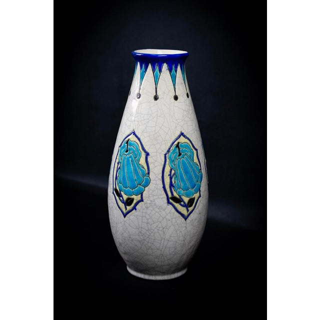 1920s Art Deco Vase in Glazed Crackled Earthenware with Blue Flowers by Maurice Dufrene for Keramis, La Louviere, Belgium, 1920s For Sale - Image 5 of 15