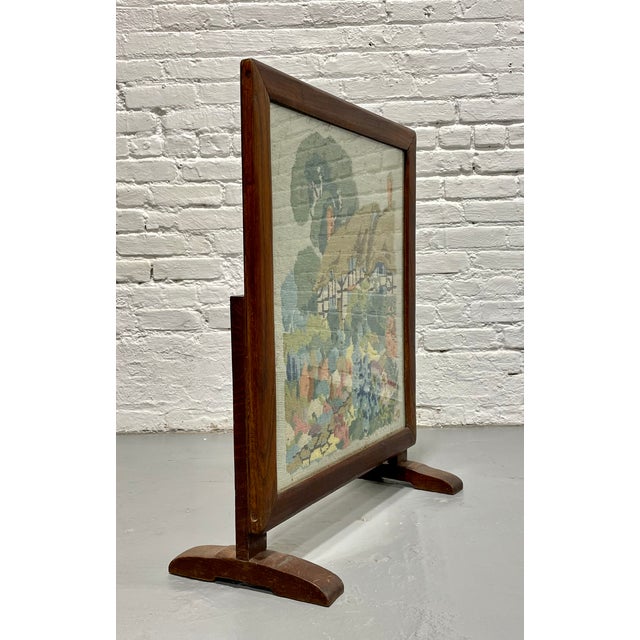American Antique Needlepoint Fires Screen With Cottage Garden Scene, Wood Framed Hearth Screen, C. 1920s–1940s For Sale - Image 3 of 11