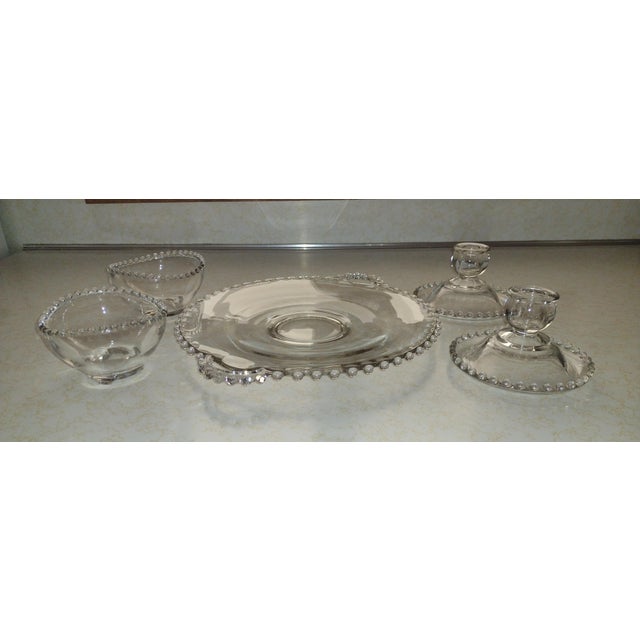 Glass Mid Century 5 Piece Set With Platter, Bowls and Candlesticks For Sale - Image 7 of 17
