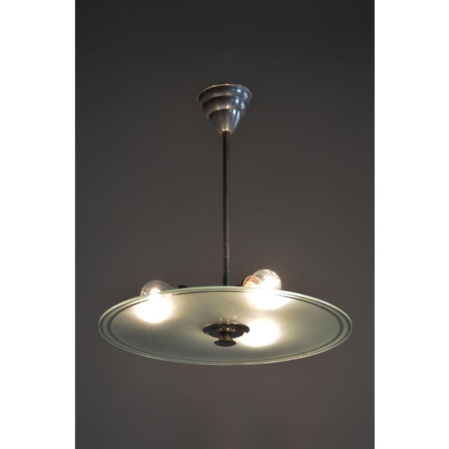 Metal Bauhaus Chandelier in Chrome, Steel and Frosted Glass, Czech, 1930s For Sale - Image 7 of 9