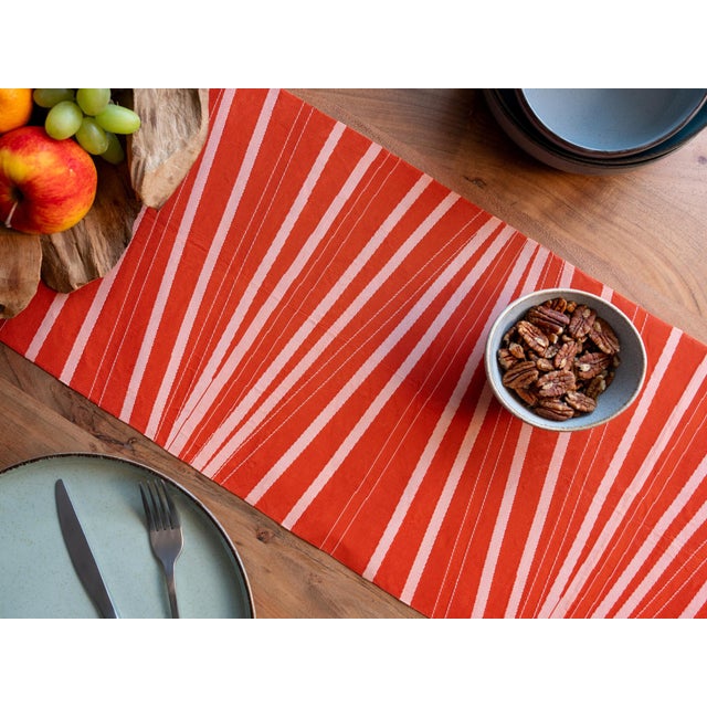 Vintage Japanese silk table runner handcrafted by Renaras. Iron oxide rust-red Bengara dye with Ume blossom and Asanoha...