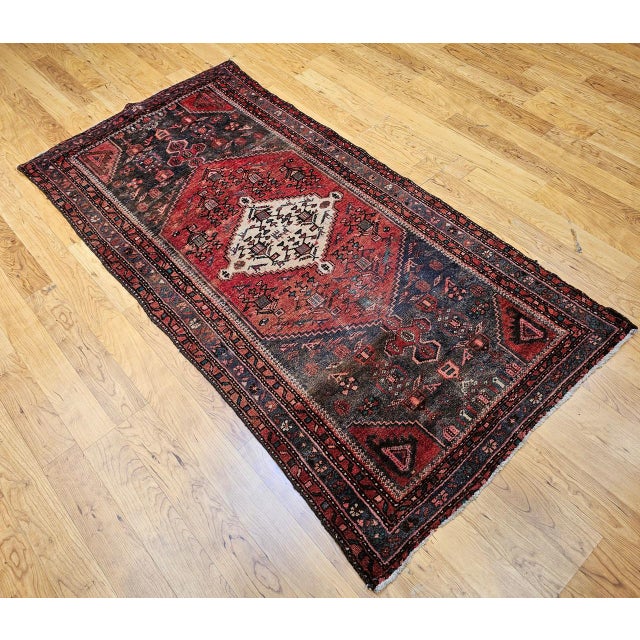 Vintage Persian Hamadan Rug, Hand-Knotted Wool, Geometric Medallion Pattern, Moss Green & Red, 4x7 For Sale - Image 13 of 18