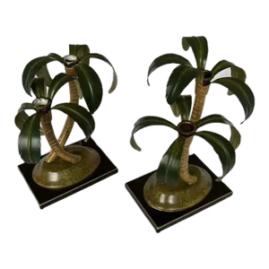 1990s Italian Metal Two Lights Palm Tree Candle Holders - a Pair