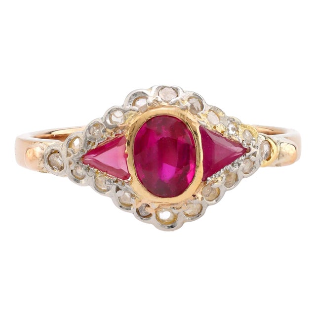 Antique Synthetic Ruby Diamond 18k Yellow Gold Ring For Sale