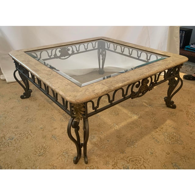 Vintage Horchow Marble and Glass Top Wrought Iron Square Coffee Table