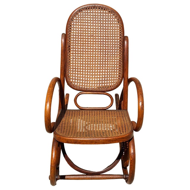 1900 - 1909 Antique Vienna Secession Cane & Bent Oak Scrolling Children Sized Rocking Chair, Attributed to Thonet For Sale - Image 5 of 6