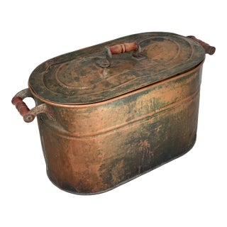 Late 19th Century Antique Primitive Copper Boiler Wash Tub With Lid and 3 Wood Handles, Tin Lined For Sale