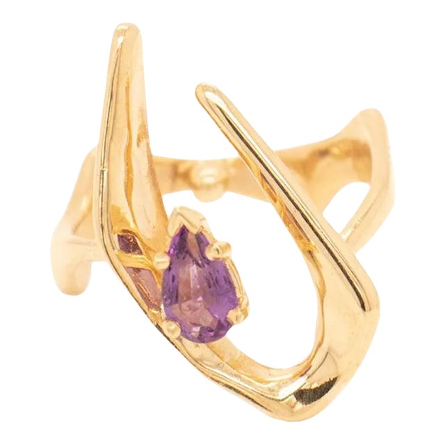 Vintage Space Age 14k Gold & Amethyst Modernist Ring Size 4.5 For Sale