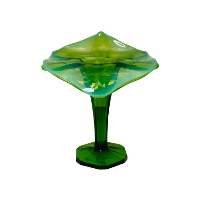 Art Deco Vintage Green Etched Opalescent Glass Jack in the Pulpit Art Glass Vase For Sale - Image 3 of 7