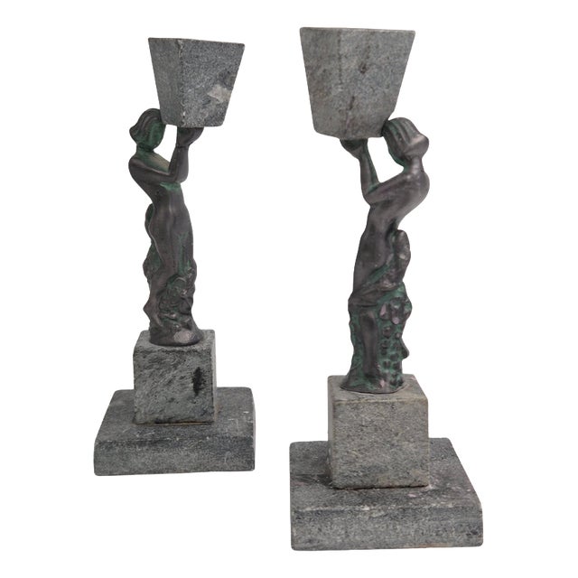 Art Deco Candleholders in Bronze and Soapstone, Finland, 1930s, Set of 2 For Sale