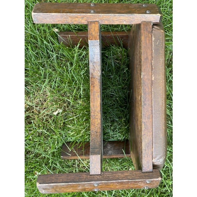 Antique Arts and Crafts Wood & Leather Footstool, Signed For Sale - Image 9 of 14